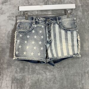 Women's Rue 21 Distressed  USA Flag Denim Shorts Stretch 7/8 Button fly